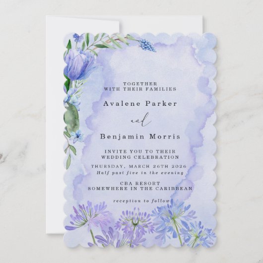 Paarse en Blauwe Bloemen Lotus Bruiloft Uitnodigin Save The Date (Voorkant)