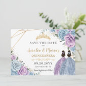 Paarse en Blauwe Bloemen Twins Quinceanera Sweet 1 Save The Date (Staand voorkant)