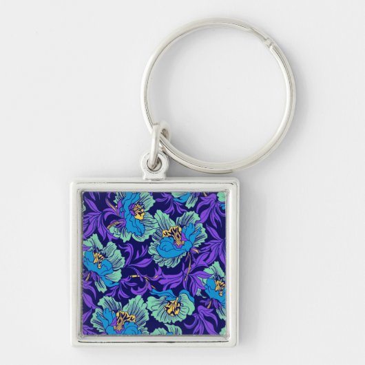 Paarse en blauwe bloemen William Morris Sleutelhanger (Voorkant)