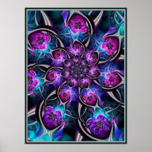 Paarse en blauwe bloemfractal poster
