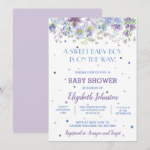 Paarse en Blauwe Floral Baby Boy Shower Invitation