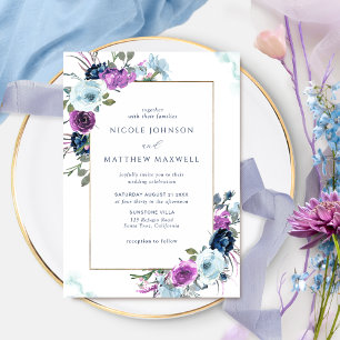 Paarse en blauwe Floral Elegant Wedding Uitnodigin Kaart