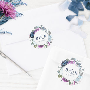 Paarse en blauwe Floral Wedding Envelope / Favor Ronde Sticker