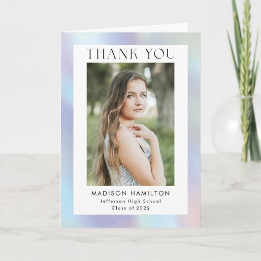 Paarse en blauwe holografische foto Afstuderen Bedankkaart (Voorkant)