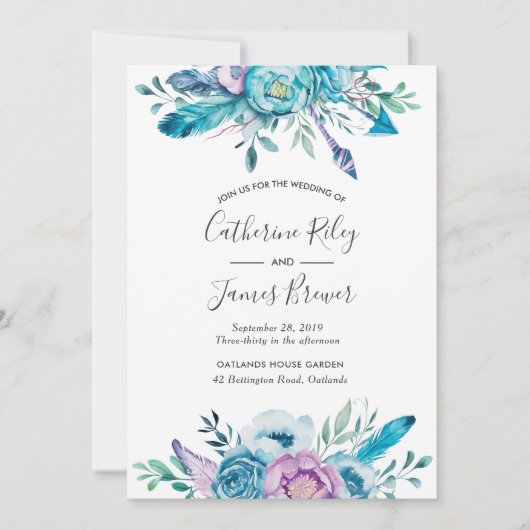 Paarse en blauwe lente bloemenbruiloft uitnodiging (Voorkant)