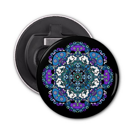paarse en blauwe Mandala Abstracte kunst  Button Flesopener (Voorkant)