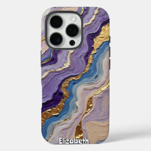 Paarse en Blauwe Marmeren Wervelingen met Goud iPhone 16 Pro Hoesje