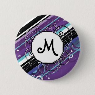 Paarse en Blauwe modern-Retro Strepen met Monogram Ronde Button 5,7 Cm