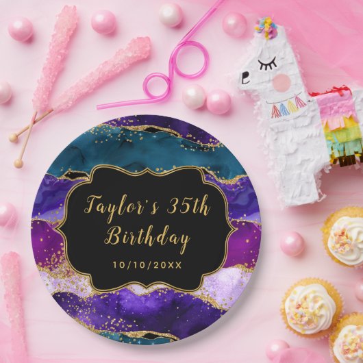 Paarse en blauwe pacock Agate Birthday Papieren Bordje (Feest)