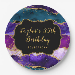 Paarse en blauwe pacock Agate Birthday Papieren Bordje