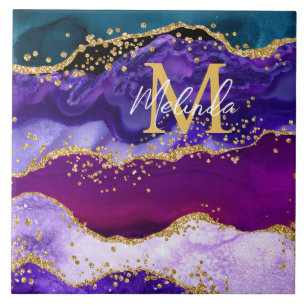 Paarse en Blauwe Pauw Nep Glitter Agaat Tegeltje