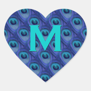 Paarse en Blauwe Peacock Monogram Bruiloft Hart Hart Sticker