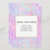 Paarse en blauwe rechthoekvormen op roze bruiloft save the date (Voorkant / Achterkant)