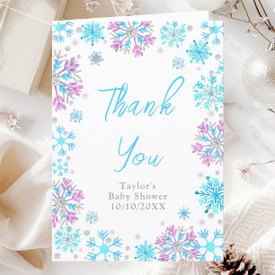 Paarse en Blauwe Sneeuwvlokken Baby Shower Bedankkaart