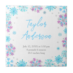 Paarse en Blauwe Sneeuwvlokken Geboorte Stats Tegeltje