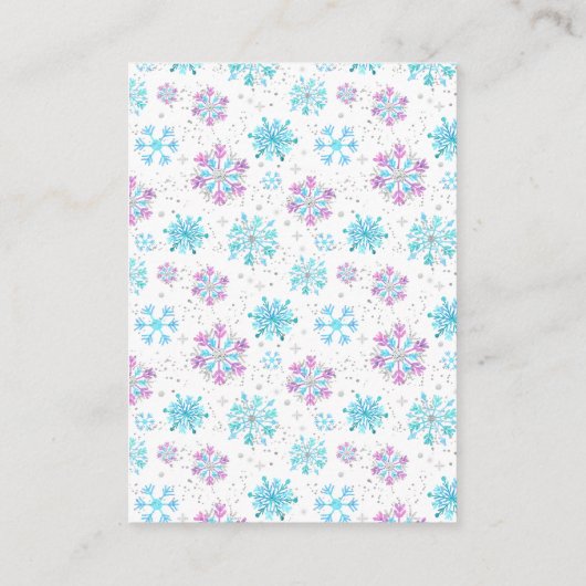 Paarse en blauwe sneeuwvlokken Winterdruppelaar Informatiekaartje (Achterkant)