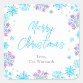 Paarse en blauwe snowflakes Merry Kerstmis Vierkante Sticker (Voorkant)