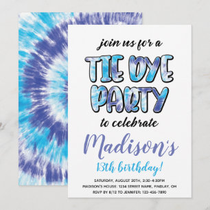 Paarse en blauwe Tie Dye verjaardagsfeestje, elke Kaart