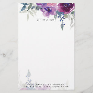 Paarse en blauwe waterverf bloemen gepersonaliseer briefpapier