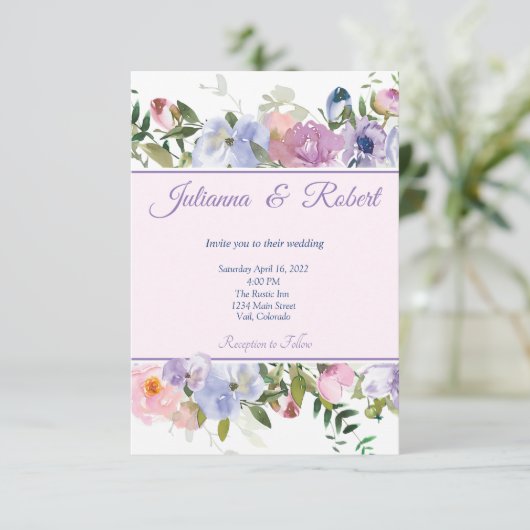 Paarse en blauwe waterverf bruiloft kaart (Staand voorkant)