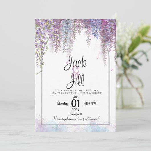Paarse en blauwe Wisteria bruiloft uitnodigen Kaart (Staand voorkant)
