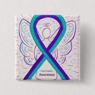 Paarse en Blauwgroen bewustwording Ribbon Angel Bu Vierkante Button 5,1 Cm