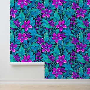 Paarse en Blauwgroen Blauwe Bloemen Behang
