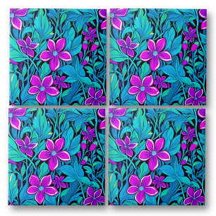 Paarse en Blauwgroen Blauwe Bloemen Tegeltje