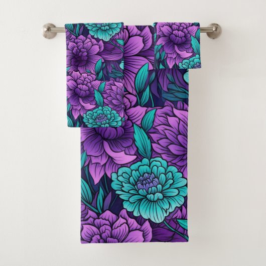 Paarse en Blauwgroen bloemen Bad Handdoek (Insitu)