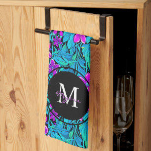 Paarse en Blauwgroen bloemen en bladeren gepersona Theedoek