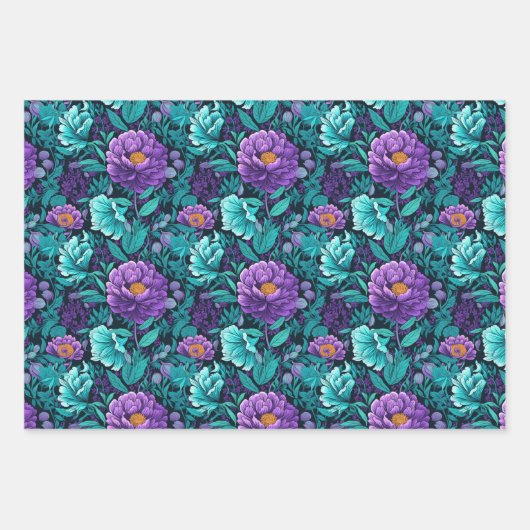 Paarse en Blauwgroen bloemen Inpakpapier Vel (Voorkant 2)