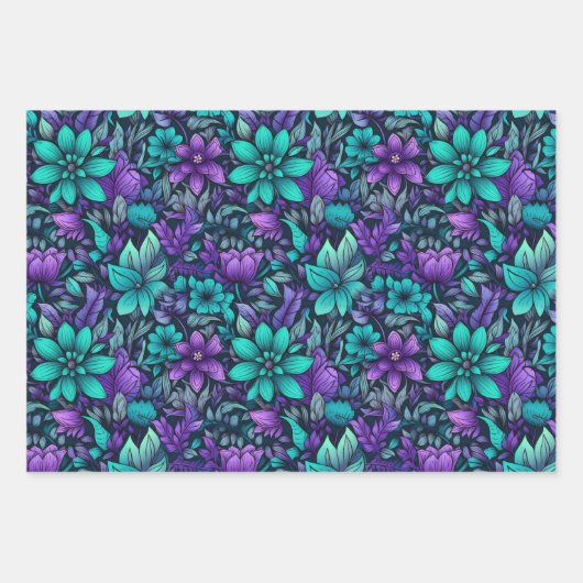 Paarse en Blauwgroen bloemen Inpakpapier Vel (Voorkant)