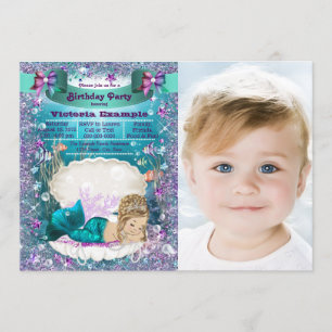 Paarse en Blauwgroen Blonde Mermaid Birthday Party Kaart