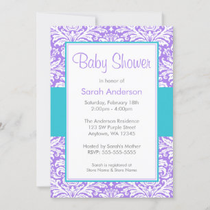 Paarse en Blauwgroen Blue Damask Baby shower Kaart