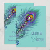 Paarse en Blauwgroen Blue Peacock Wedding Kaart (Voorkant / Achterkant)