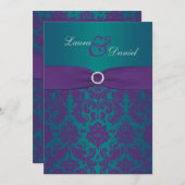 Paarse en Blauwgroen Damask bruiloft uitnodiging (Voorkant / Achterkant)