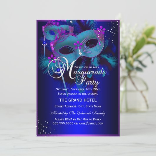 Paarse en Blauwgroen maskers Masquerade Party uitn Kaart (Staand voorkant)