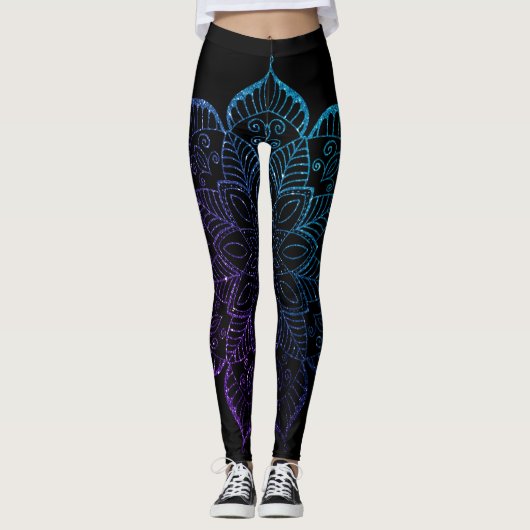 Paarse en Blauwgroen Ombre Faux Glitter Mandala ov Leggings (Voorkant)