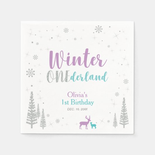 Paarse en Blauwgroen winter Onederland 1e verjaard Servetten (Voorkant)