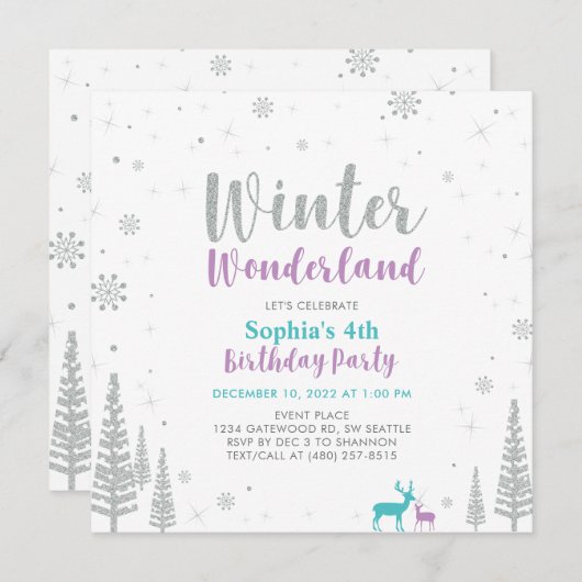 Paarse en Blauwgroen winter Wonderland Girl Birthd Kaart (Voorkant / Achterkant)