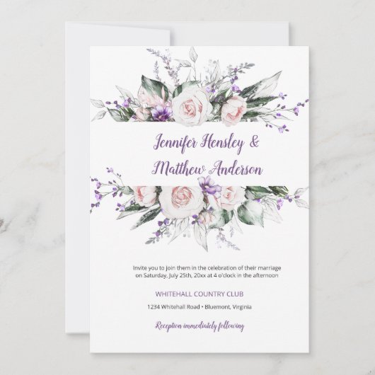 Paarse en Blush Waterverf Bloemen Lijst Bruiloft | Kaart (Voorkant)