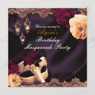 Paarse en Bourgogne Floral & Lace Masquerade Party Kaart