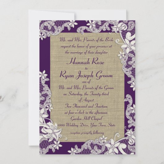 Paarse en Burlap Bloemen Kaart (Voorkant)