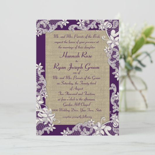 Paarse en Burlap  Bloemen Kaart (Staand voorkant)