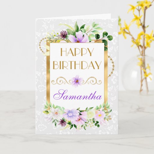 Paarse en Cream Zomerbloemen Goudfolie Verjaardag Kaart (Gele Bloem)