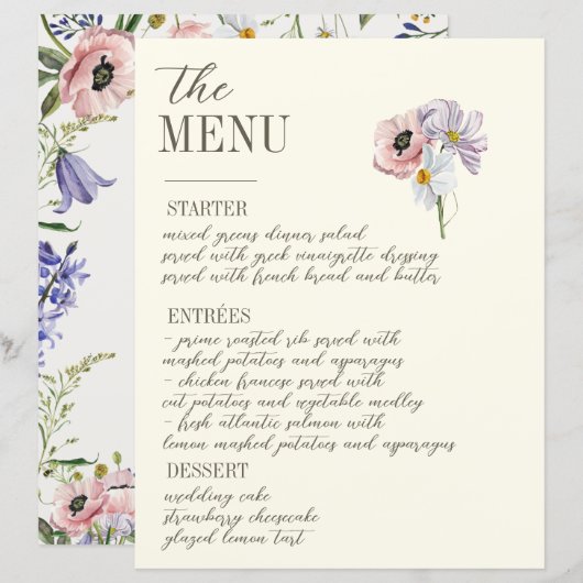 Paarse en Crème Bloemen Bordered Wedding Menu (Voorkant / Achterkant)