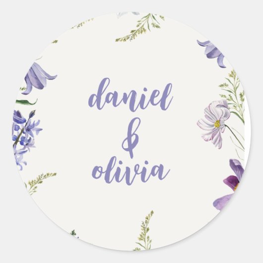 Paarse en Crème Bloemen Bordered Wedding Ronde Sticker (Voorkant)