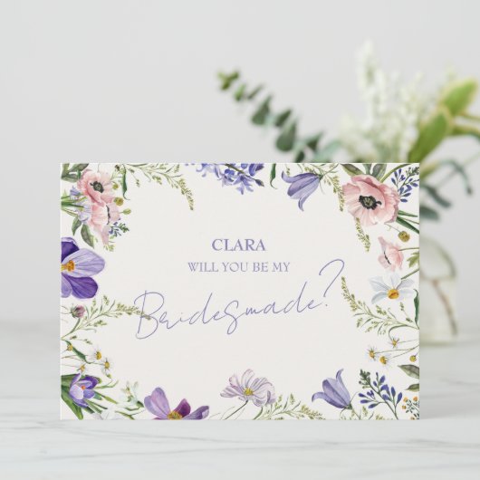 Paarse en Crème Bloemen Bordered WeddingBridesmade Kaart (Staand voorkant)