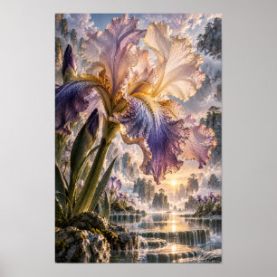 Paarse en Crème Iris met Waterval Landschap Muur Poster