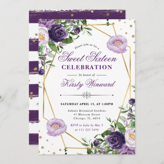 Paarse en Crème Spring Flowers Lijst Sweet 16 Kaart (Voorkant / Achterkant)